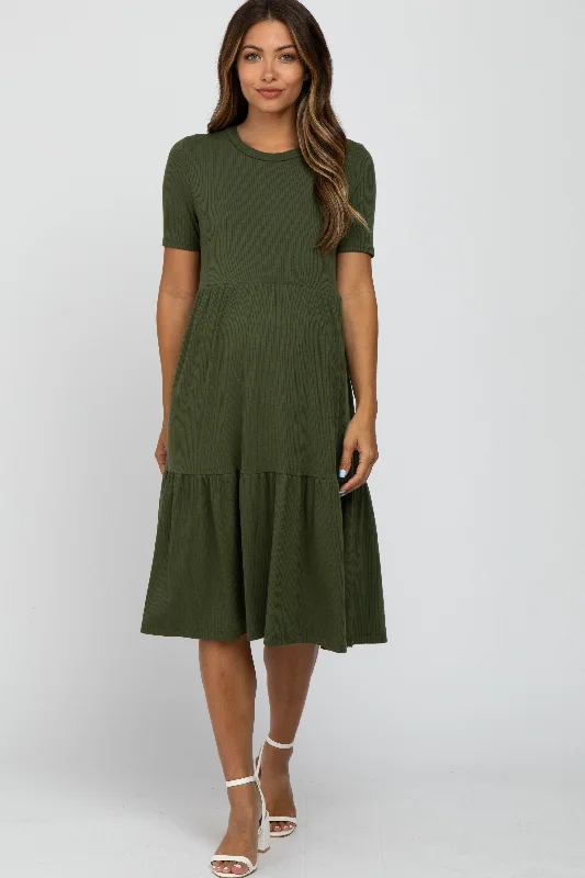 Affordable Women's Garments Stylish Deals Olive Ribbed Tiered Maternity Dress