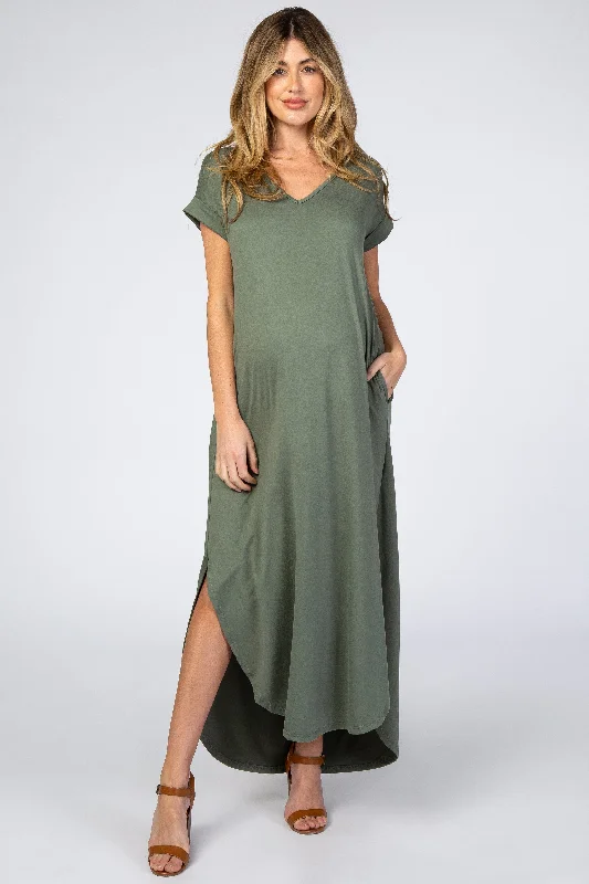 Women's Functional Outdoor Garments Special Offers, Don't Miss Olive Side Slit Maternity Maxi Dress