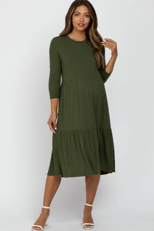 Stylish Women's Attire Elegant Style Olive Tiered Ribbed 3/4 Sleeve Maternity Midi Dress