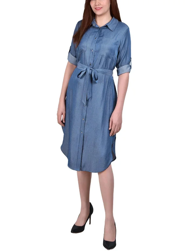 Women's Cozy Winter Attire Seasonal Style Discounts Petites Womens Denim Roll Sleeves Shirtdress