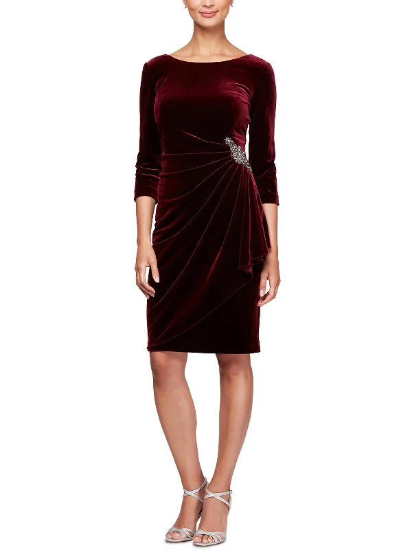 Women's Transitional Clothes Limited-Time Offer Petites Womens Velvet Pleated Cocktail and Party Dress