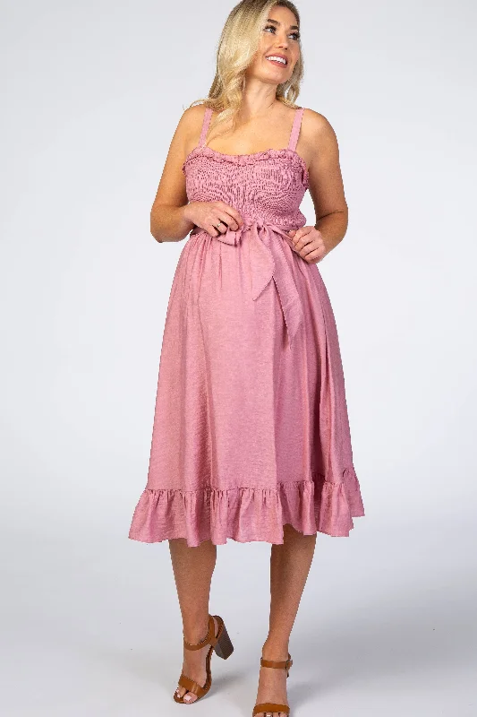 Stylish Women's Outfit Sophisticated Street Style Offers Pink Ruffle Smocked Maternity Dress