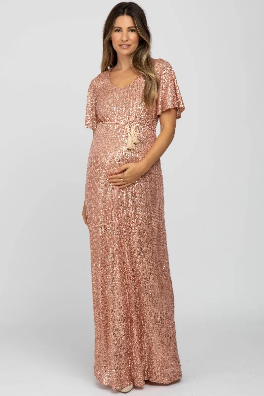 Women's Luxury Apparel Bold Style Discounts Pink Sequin Short Sleeve Maternity Maxi Dress Women's Luxury Apparel Bold Style Discounts Pink Sequin Short Sleeve Maternity Maxi Dress