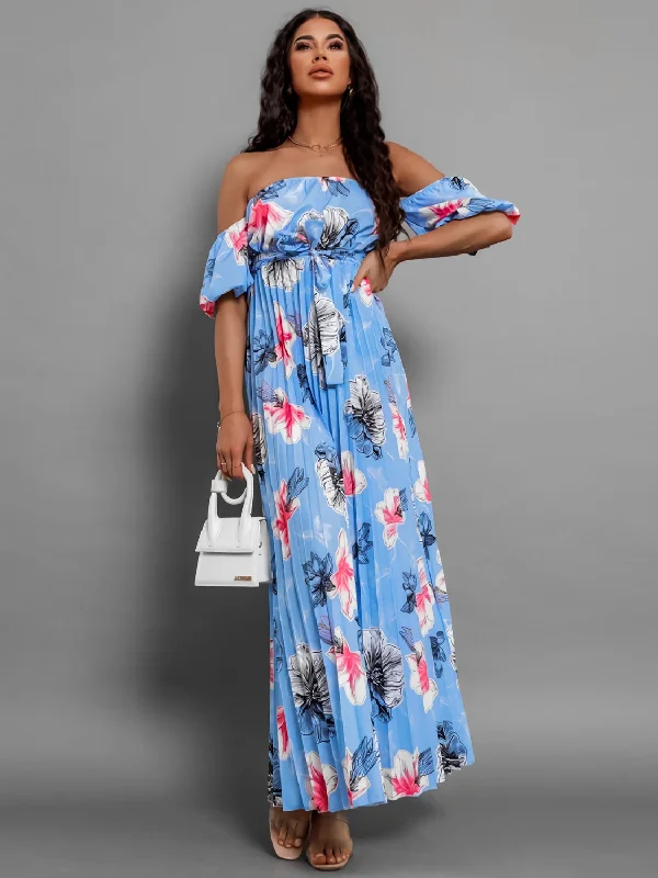 Women's Formal Clothes Trendy Pulse Pleated Floral Off-Shoulder Short Sleeve Midi Dress