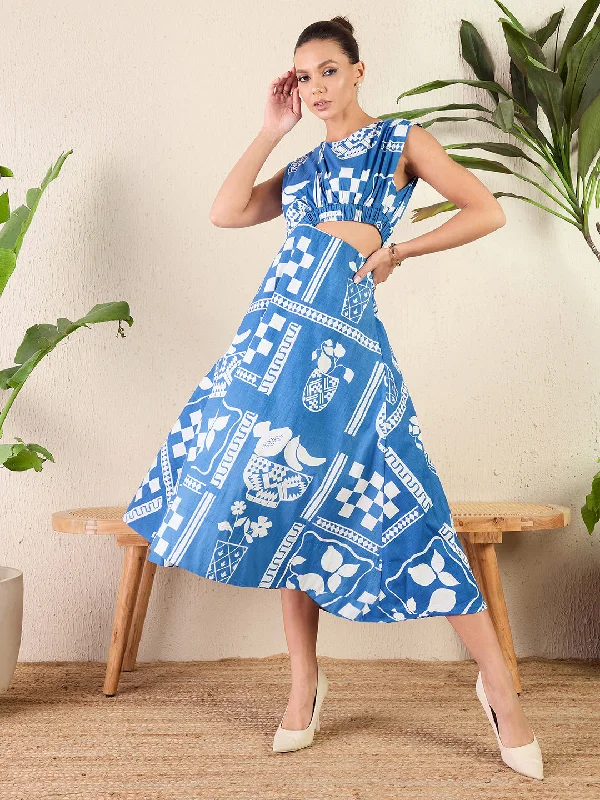 Casual Clothing For Women Clearance Event Printed Cotton Poplin Side Cut-Out Midi Dress