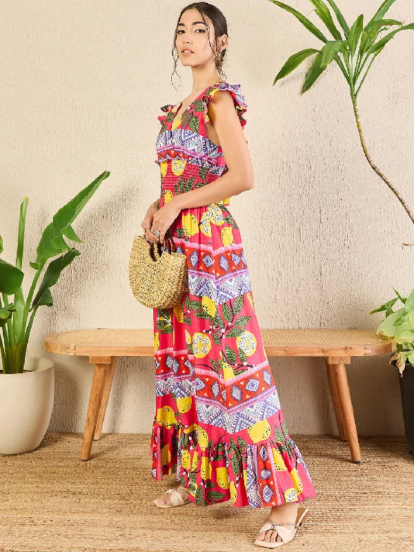 Women's Evening Clothing Elegant Fashion Offers Printed Cotton Tiered Dress