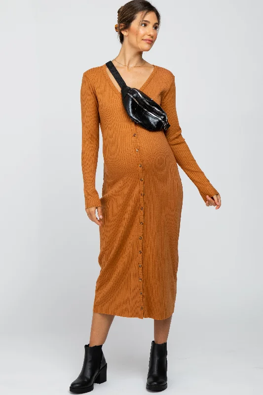 Women's Timeless Attire Fashion Sale Rust Ribbed Button Front Midi Cardigan Maternity Dress Women's Timeless Attire Fashion Sale Rust Ribbed Button Front Midi Cardigan Maternity Dress