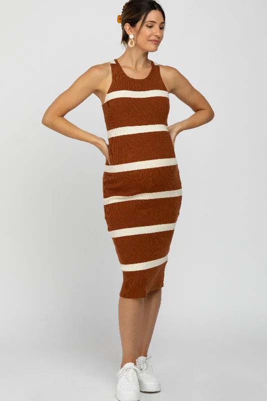 Comfortable Garments For Women Chic Style, Always In Vogue Rust Striped Sleeveless Sweater Maternity Midi Dress