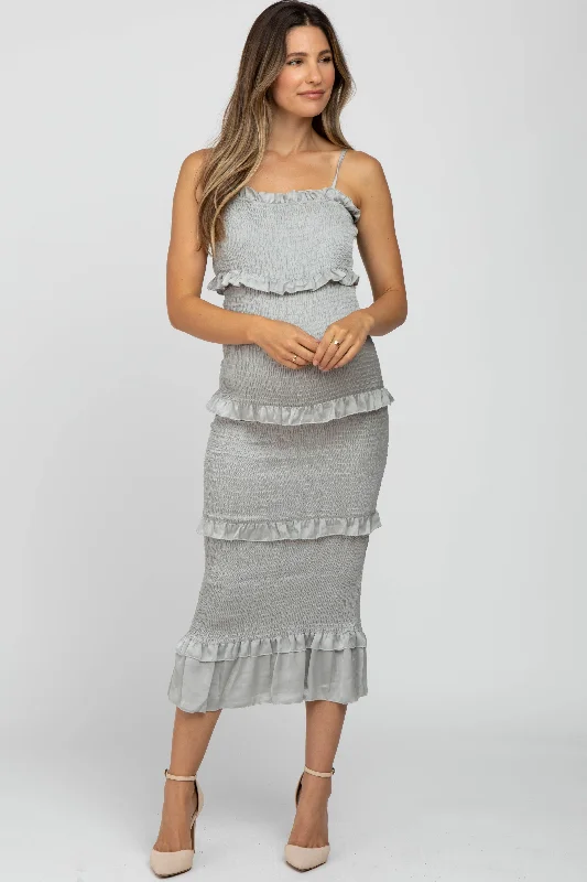 Women's Comfortable Lounge Outfit Flash Sale Now Sage Satin Smocked Fitted Maternity Midi Dress Women's Comfortable Lounge Outfit Flash Sale Now Sage Satin Smocked Fitted Maternity Midi Dress