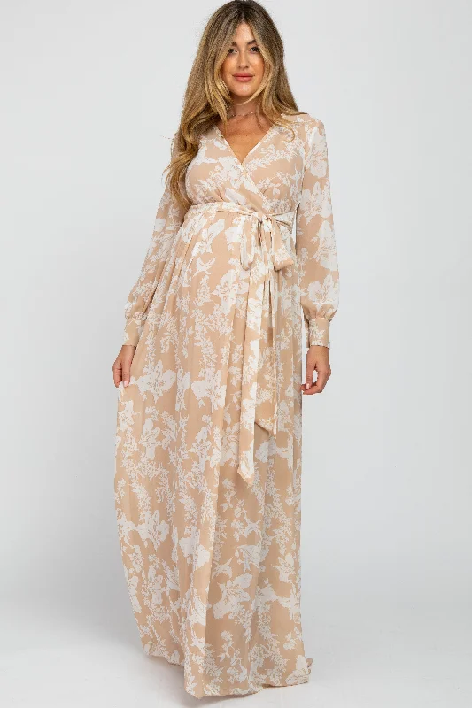 Women's Evening Wear Outfit Style Upgrade Taupe Floral Chiffon Maternity Maxi Dress