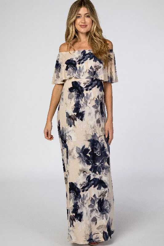 Women's Stylish Professional Garments Flash Sales Taupe Navy Floral Off Shoulder Maternity Maxi Dress