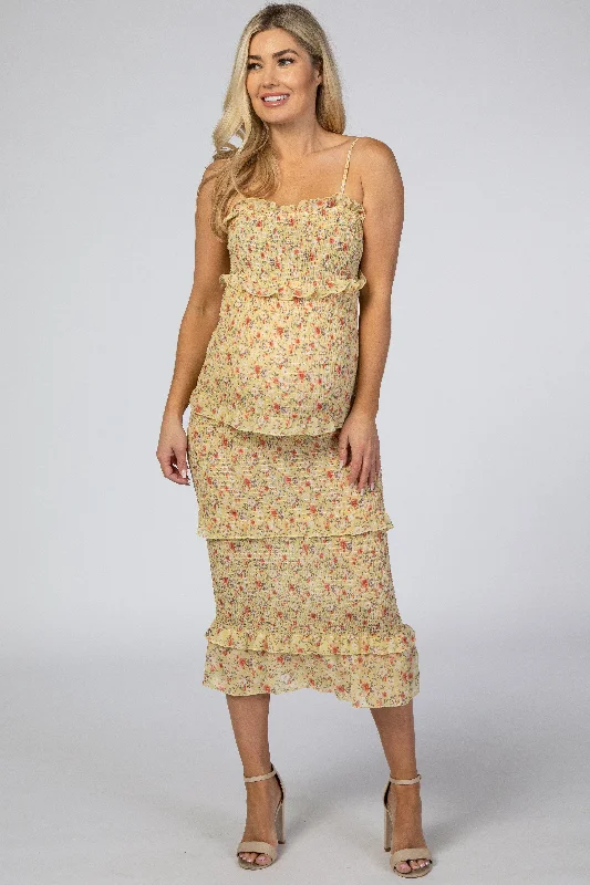 Women's Versatile Apparel New Arrivals Yellow Floral Chiffon Smocked Fitted Maternity Midi Dress