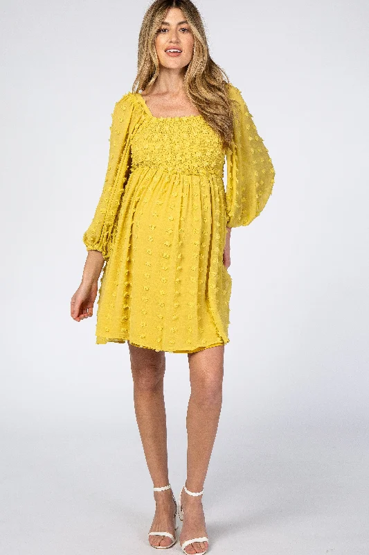 Women's Everyday Clothes Casual Fashion Yellow Textured Dot Smocked Square Neck Chiffon Maternity Dress