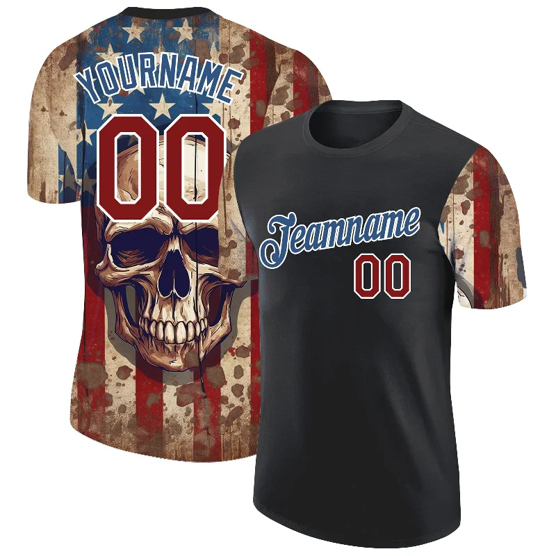 Modern Unisex Streetwear Outfits Ride The Style Wave Custom Black Crimson-Blue 3D Skull With American Flag Performance T-Shirt Modern Unisex Streetwear Outfits Ride The Style Wave Custom Black Crimson-Blue 3D Skull With American Flag Performance T-Shirt
