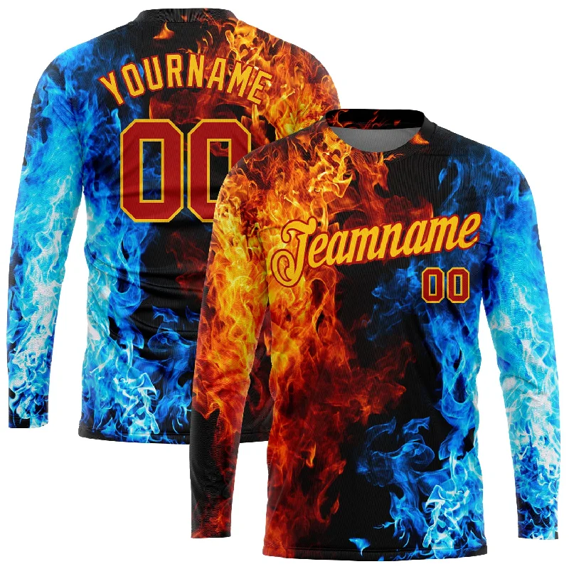 Stylish Unisex Outfit Ideas Hot Picks Custom Black Red Gold Royal-Light Blue Flame 3D Pattern Long Sleeve Performance T-Shirt