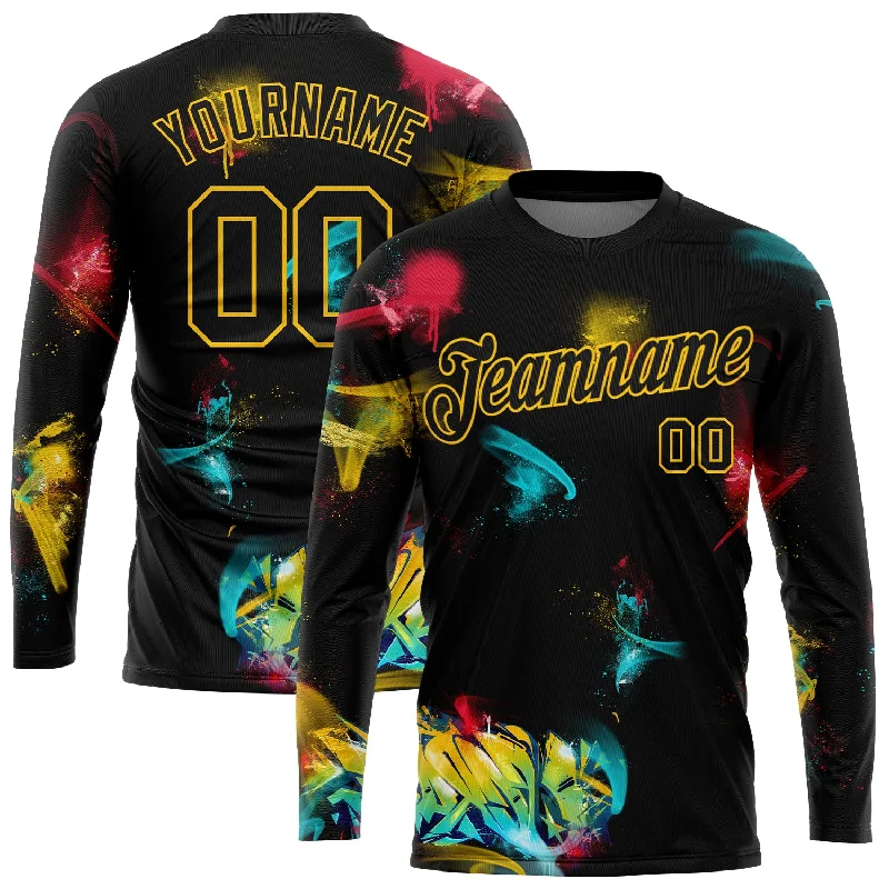 Casual Yet Sophisticated Unisex Fashion Fashion Forward Custom Graffiti Pattern Black-Gold 3D Long Sleeve Performance T-Shirt