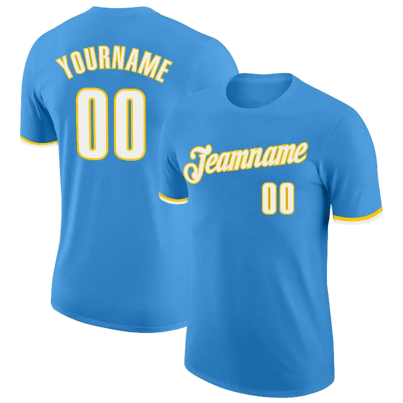 Versatile Unisex Layering Pieces Classic Elegance Sales Custom Powder Blue White-Gold Performance T-Shirt Versatile Unisex Layering Pieces Classic Elegance Sales Custom Powder Blue White-Gold Performance T-Shirt