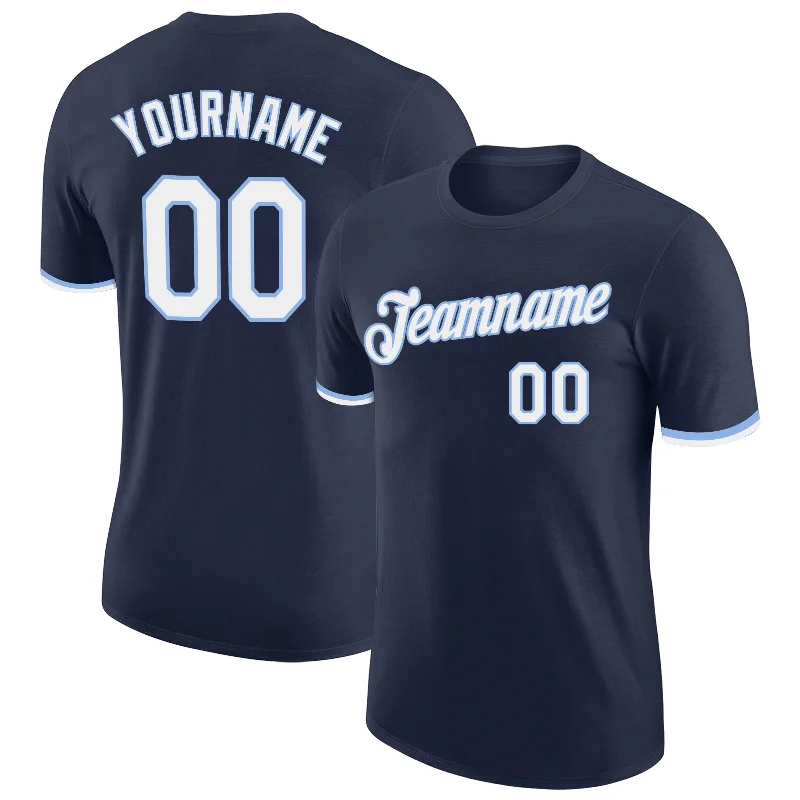 Sleek And Stylish Unisex Outerwear Seasonal Style Discounts Custom Navy White-Light Blue Performance T-Shirt Sleek And Stylish Unisex Outerwear Seasonal Style Discounts Custom Navy White-Light Blue Performance T-Shirt