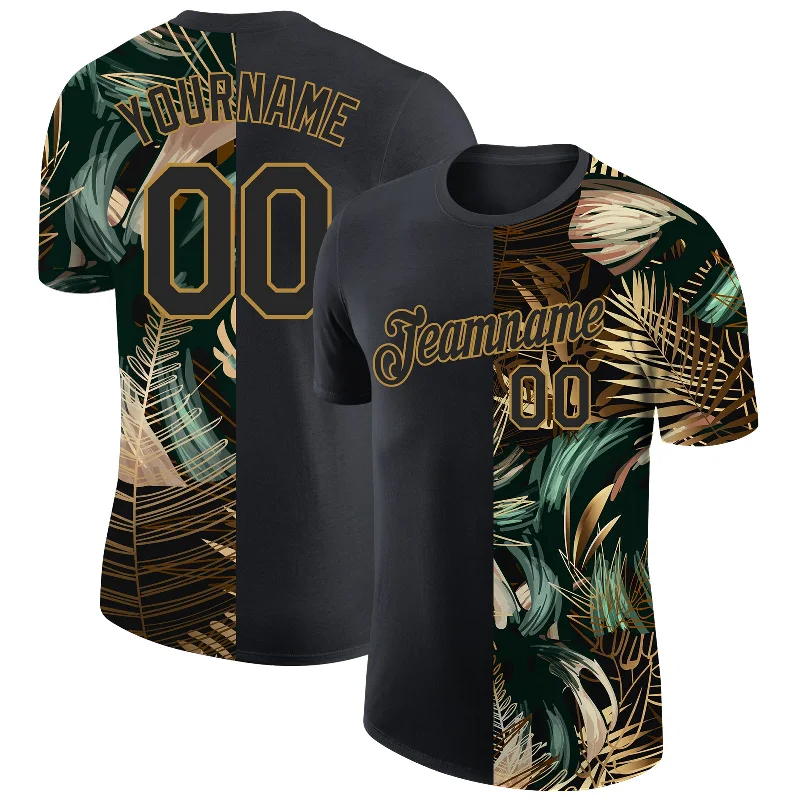 High-Quality Unisex Basics For Everyday Wear Comfort Meets Fashion Custom Black Old Gold 3D Pattern Design Golden And Green Tropical Leaves In The Style Of Jungle And Hawaii Performance T-Shirt High-Quality Unisex Basics For Everyday Wear Comfort Meets Fashion Custom Black Old Gold 3D Pattern Design Golden And Green Tropical Leaves In The Style Of Jungle And Hawaii Performance T-Shirt