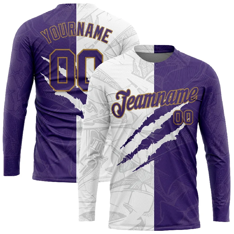Everyday Wear For Men And Women Top Deals Custom Graffiti Pattern Purple-Old Gold Scratch 3D Long Sleeve Performance T-Shirt Everyday Wear For Men And Women Top Deals Custom Graffiti Pattern Purple-Old Gold Scratch 3D Long Sleeve Performance T-Shirt