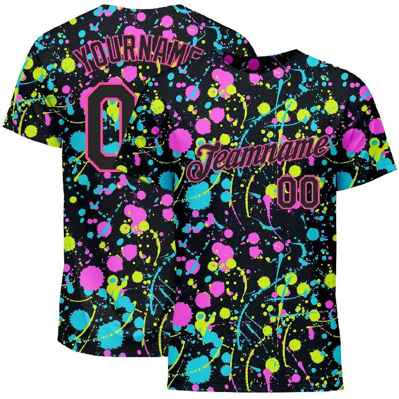 Versatile Unisex Layering Pieces Classic Chic Deals Custom Graffiti Pattern Black-Pink 3D Neon Splatter Performance T-Shirt Versatile Unisex Layering Pieces Classic Chic Deals Custom Graffiti Pattern Black-Pink 3D Neon Splatter Performance T-Shirt