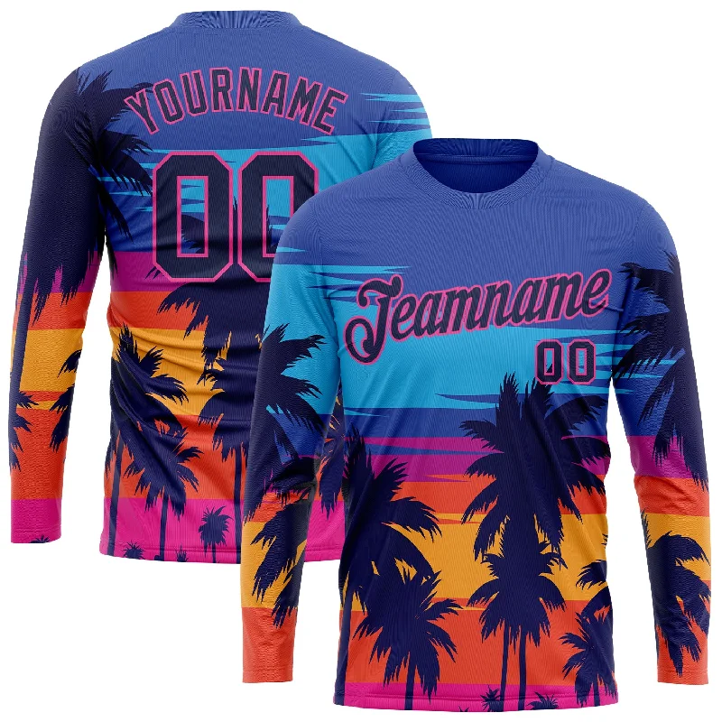 Functional And Stylish Unisex Outerwear Cool Prices Custom Royal Navy-Pink Hawaii Palm Trees 3D Pattern Long Sleeve Performance T-Shirt Functional And Stylish Unisex Outerwear Cool Prices Custom Royal Navy-Pink Hawaii Palm Trees 3D Pattern Long Sleeve Performance T-Shirt