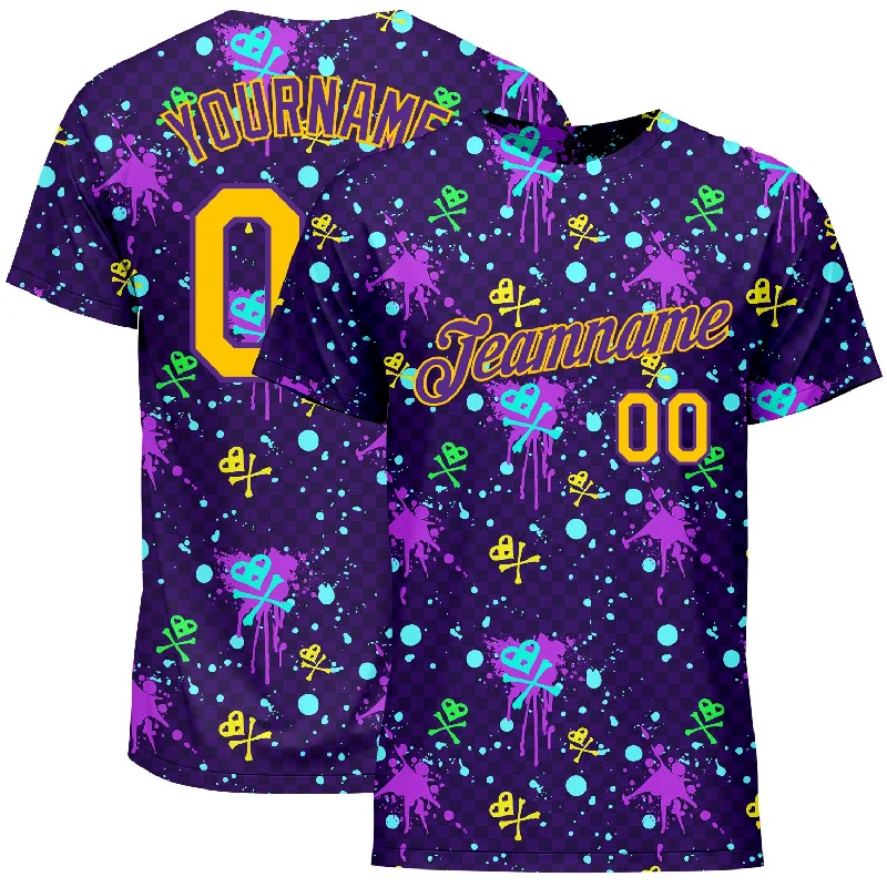 Versatile Unisex Layering Pieces Stylish Statements Custom Graffiti Pattern Gold-Purple 3D Clashing Colors Paint-Splatter Performance T-Shirt Versatile Unisex Layering Pieces Stylish Statements Custom Graffiti Pattern Gold-Purple 3D Clashing Colors Paint-Splatter Performance T-Shirt