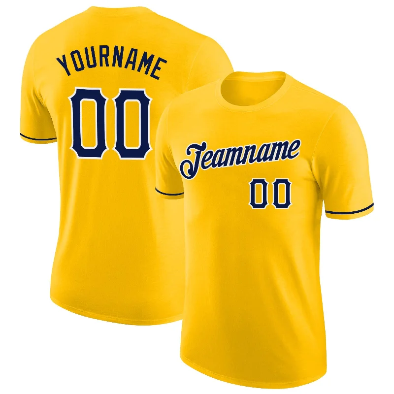 Sleek And Comfortable Unisex Wear Fashion Forward Femininity Custom Gold Navy-White Performance T-Shirt Sleek And Comfortable Unisex Wear Fashion Forward Femininity Custom Gold Navy-White Performance T-Shirt