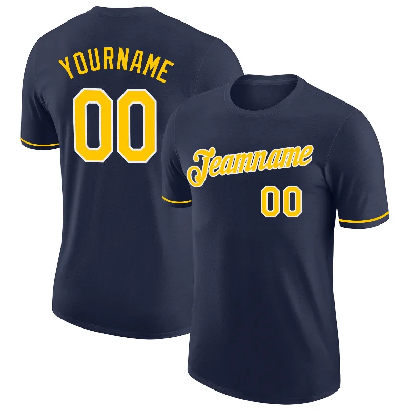 Casual And Trendy Unisex Fashion Staples Trend Forward Threads Custom Navy Gold-White Performance T-Shirt Casual And Trendy Unisex Fashion Staples Trend Forward Threads Custom Navy Gold-White Performance T-Shirt