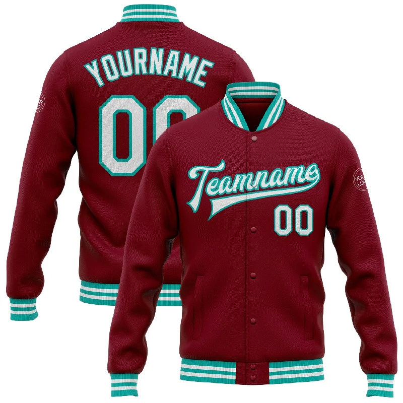 Fashion-Forward Gender-Neutral Outerwear Trendy Looks On Sale Custom Crimson White-Aqua Bomber Full-Snap Varsity Letterman Jacket