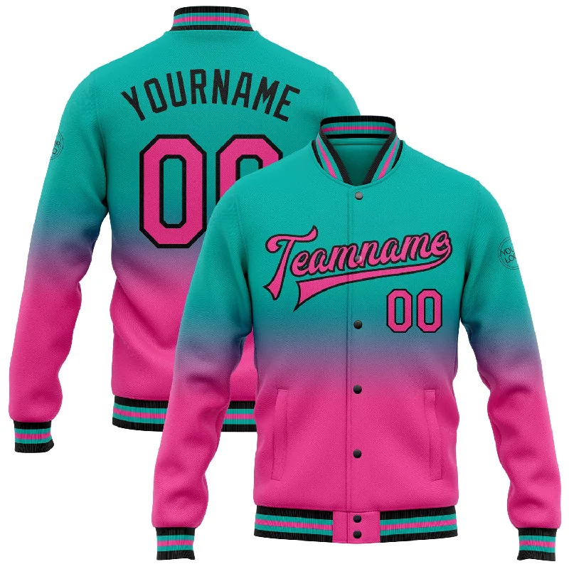 Modern Unisex Clothing For Any Occasion Urban Style Promotions Custom Aqua Pink-Black Bomber Full-Snap Varsity Letterman Fade Fashion Jacket Modern Unisex Clothing For Any Occasion Urban Style Promotions Custom Aqua Pink-Black Bomber Full-Snap Varsity Letterman Fade Fashion Jacket