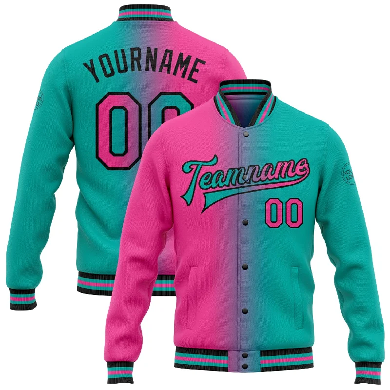 Modern Unisex Wardrobe Staples Fashion Forward Custom Aqua Pink-Black Bomber Full-Snap Varsity Letterman Gradient Fashion Jacket