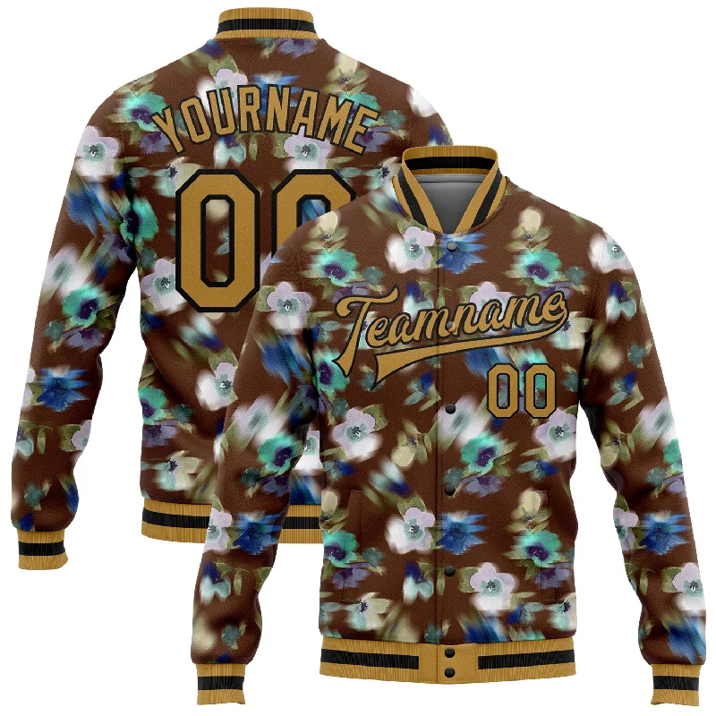 Minimalist Unisex Fashion Must-Haves Smart Casual Deals Custom Brown Old Gold-Black Fuzzy Flower Art 3D Pattern Design Bomber Full-Snap Varsity Letterman Jacket Minimalist Unisex Fashion Must-Haves Smart Casual Deals Custom Brown Old Gold-Black Fuzzy Flower Art 3D Pattern Design Bomber Full-Snap Varsity Letterman Jacket