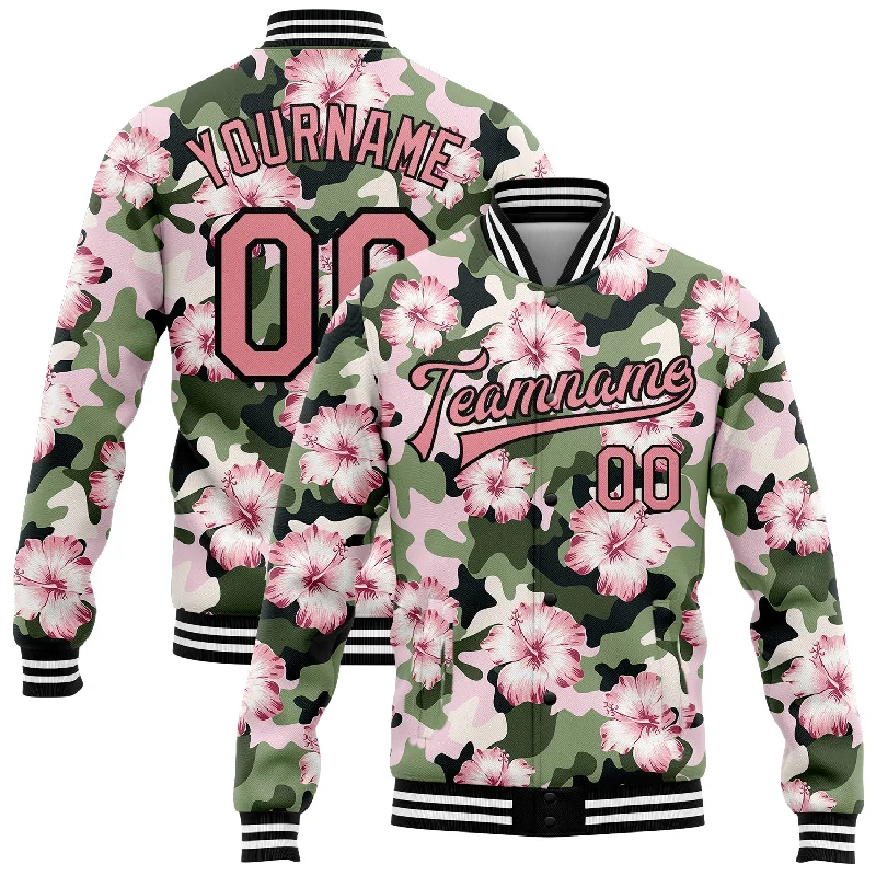 Casual And Trendy Unisex Fashion Staples Modern Fashion Sale Custom Camo Pink-Black Hibiscus Flower 3D Pattern Design Bomber Full-Snap Varsity Letterman Salute To Service Jacket Casual And Trendy Unisex Fashion Staples Modern Fashion Sale Custom Camo Pink-Black Hibiscus Flower 3D Pattern Design Bomber Full-Snap Varsity Letterman Salute To Service Jacket