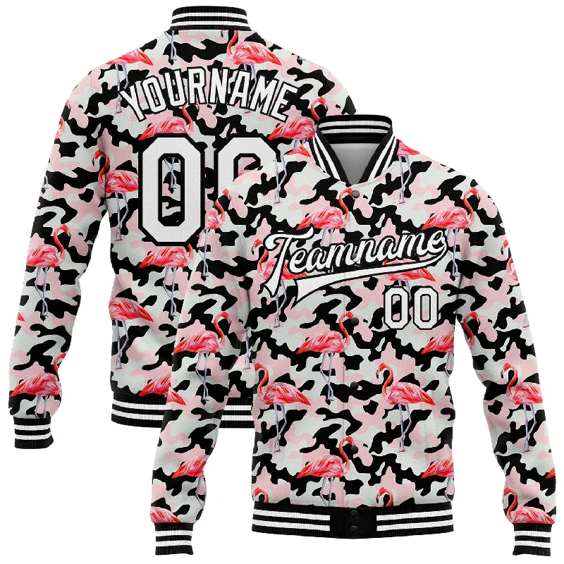 Minimalist Unisex Fashion Must-Haves Imeless Style Custom Camo White-Black Flamingo 3D Pattern Design Bomber Full-Snap Varsity Letterman Salute To Service Jacket Minimalist Unisex Fashion Must-Haves Imeless Style Custom Camo White-Black Flamingo 3D Pattern Design Bomber Full-Snap Varsity Letterman Salute To Service Jacket
