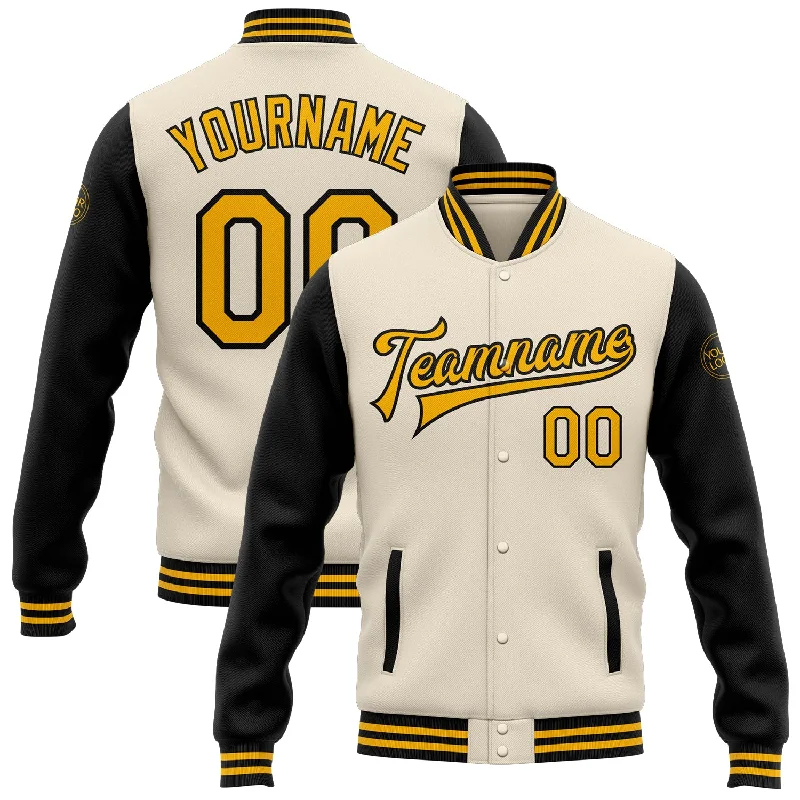 Sleek And Contemporary Gender-Free Outfits Style Breakthroughs Custom Cream Gold-Black Bomber Full-Snap Varsity Letterman Two Tone Jacket Sleek And Contemporary Gender-Free Outfits Style Breakthroughs Custom Cream Gold-Black Bomber Full-Snap Varsity Letterman Two Tone Jacket