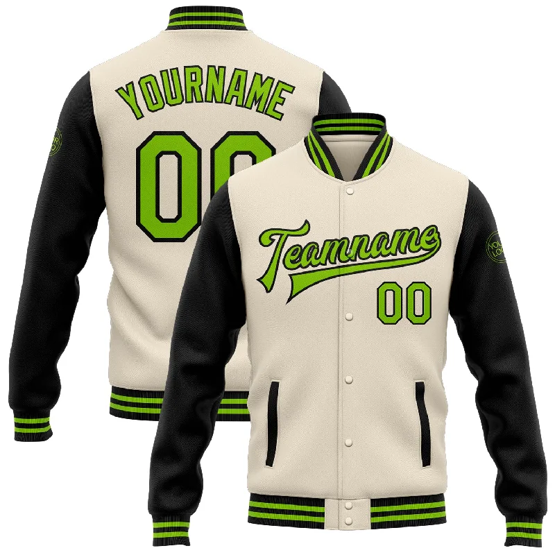 Casual And Trendy Unisex Fashion Staples Ride The Style Wave Custom Cream Neon Green-Black Bomber Full-Snap Varsity Letterman Two Tone Jacket Casual And Trendy Unisex Fashion Staples Ride The Style Wave Custom Cream Neon Green-Black Bomber Full-Snap Varsity Letterman Two Tone Jacket