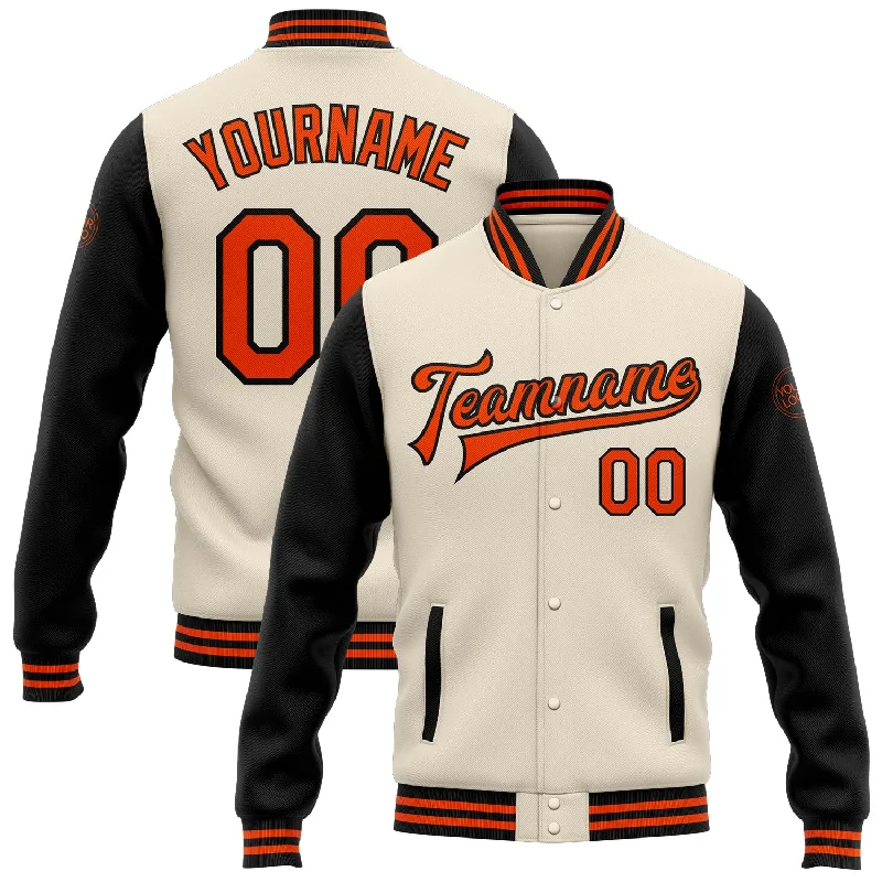 Classic And Timeless Unisex Style Break Fashion Norms Custom Cream Orange-Black Bomber Full-Snap Varsity Letterman Two Tone Jacket Classic And Timeless Unisex Style Break Fashion Norms Custom Cream Orange-Black Bomber Full-Snap Varsity Letterman Two Tone Jacket