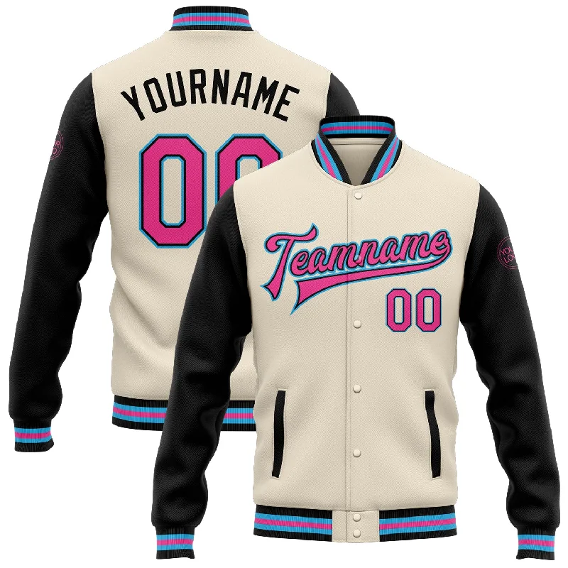 Classic And Timeless Gender-Neutral Fashion New Season Fashion Preview Custom Cream Pink Black-Sky Blue Bomber Full-Snap Varsity Letterman Two Tone Jacket Classic And Timeless Gender-Neutral Fashion New Season Fashion Preview Custom Cream Pink Black-Sky Blue Bomber Full-Snap Varsity Letterman Two Tone Jacket