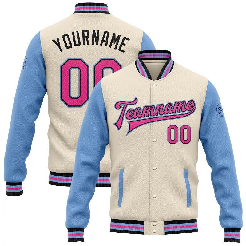 Soft And Breathable Unisex Loungewear Absurdly Cheap Sale Custom Cream Pink Black-Light Blue Bomber Full-Snap Varsity Letterman Two Tone Jacket Soft And Breathable Unisex Loungewear Absurdly Cheap Sale Custom Cream Pink Black-Light Blue Bomber Full-Snap Varsity Letterman Two Tone Jacket
