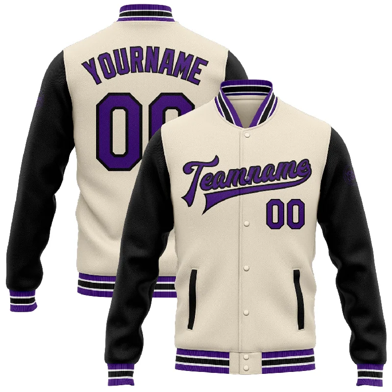 Sleek And Comfortable Unisex Wear The Latest Fashion Trends Custom Cream Purple-Black Bomber Full-Snap Varsity Letterman Two Tone Jacket Sleek And Comfortable Unisex Wear The Latest Fashion Trends Custom Cream Purple-Black Bomber Full-Snap Varsity Letterman Two Tone Jacket