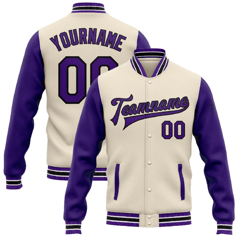 Modern Unisex Streetwear Outfits Hot Deals Custom Cream Purple-Black Bomber Full-Snap Varsity Letterman Two Tone Jacket Modern Unisex Streetwear Outfits Hot Deals Custom Cream Purple-Black Bomber Full-Snap Varsity Letterman Two Tone Jacket