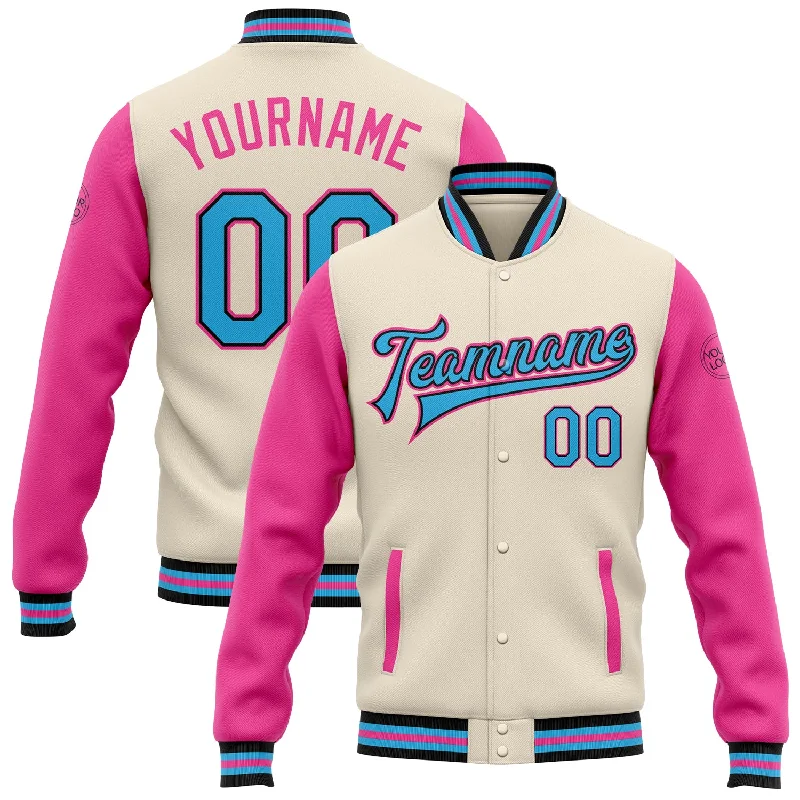 Minimalist Unisex Fashion Essentials Trend Leading Collection Custom Cream Sky Blue Black-Pink Bomber Full-Snap Varsity Letterman Two Tone Jacket Minimalist Unisex Fashion Essentials Trend Leading Collection Custom Cream Sky Blue Black-Pink Bomber Full-Snap Varsity Letterman Two Tone Jacket