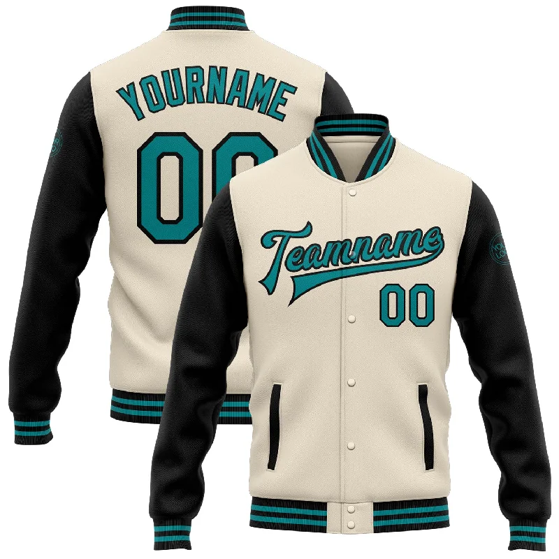 Modern Unisex Streetwear Outfits Fashion Frontiers Custom Cream Teal-Black Bomber Full-Snap Varsity Letterman Two Tone Jacket Modern Unisex Streetwear Outfits Fashion Frontiers Custom Cream Teal-Black Bomber Full-Snap Varsity Letterman Two Tone Jacket