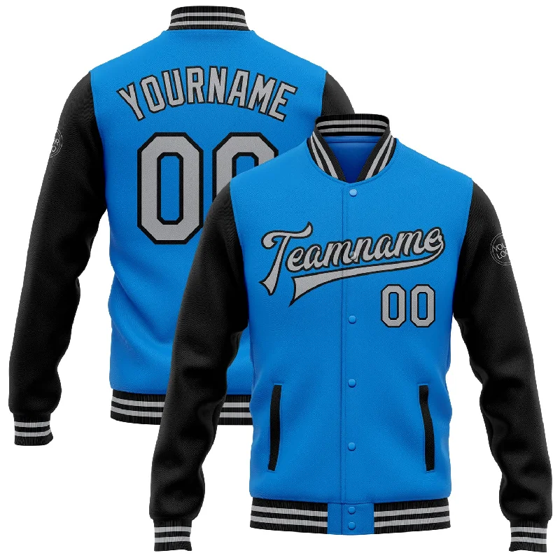 Sustainable And Ethical Unisex Clothing Daring Fashion Promotions Custom Powder Blue Gray-Black Bomber Full-Snap Varsity Letterman Two Tone Jacket Sustainable And Ethical Unisex Clothing Daring Fashion Promotions Custom Powder Blue Gray-Black Bomber Full-Snap Varsity Letterman Two Tone Jacket