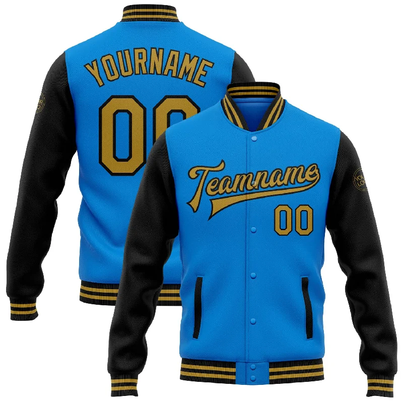 Sleek And Comfortable Unisex Wear Urban Elegance Deals Custom Powder Blue Old Gold-Black Bomber Full-Snap Varsity Letterman Two Tone Jacket Sleek And Comfortable Unisex Wear Urban Elegance Deals Custom Powder Blue Old Gold-Black Bomber Full-Snap Varsity Letterman Two Tone Jacket