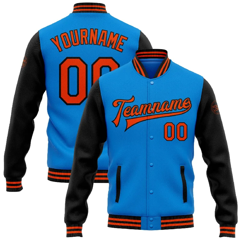 Classic And Timeless Gender-Neutral Fashion Street Chic Discounts Custom Powder Blue Orange-Black Bomber Full-Snap Varsity Letterman Two Tone Jacket Classic And Timeless Gender-Neutral Fashion Street Chic Discounts Custom Powder Blue Orange-Black Bomber Full-Snap Varsity Letterman Two Tone Jacket