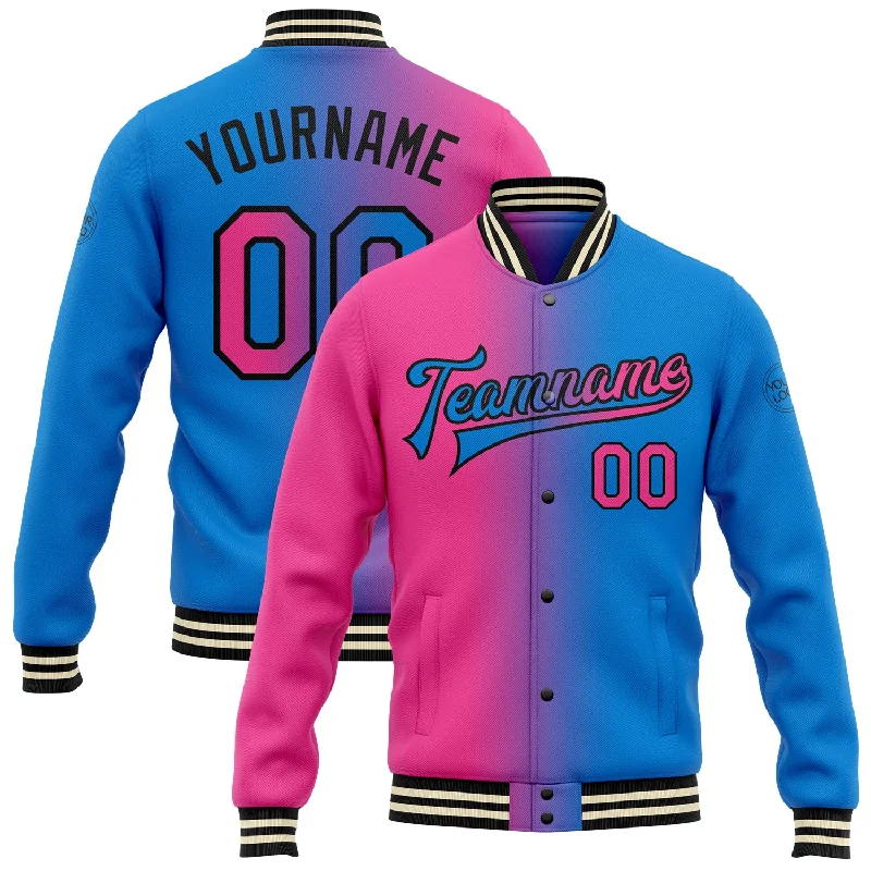 Gender-Neutral Trendy Clothing Styles High-End Style Discounts Custom Powder Blue Pink-Black Bomber Full-Snap Varsity Letterman Gradient Fashion Jacket Gender-Neutral Trendy Clothing Styles High-End Style Discounts Custom Powder Blue Pink-Black Bomber Full-Snap Varsity Letterman Gradient Fashion Jacket