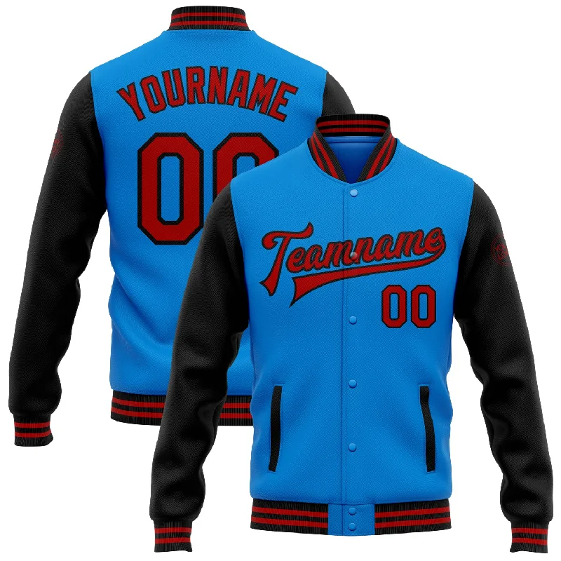 Casual And Trendy Unisex Fashion Staples Laid-Back Fashion Offers Custom Powder Blue Red-Black Bomber Full-Snap Varsity Letterman Two Tone Jacket Casual And Trendy Unisex Fashion Staples Laid-Back Fashion Offers Custom Powder Blue Red-Black Bomber Full-Snap Varsity Letterman Two Tone Jacket