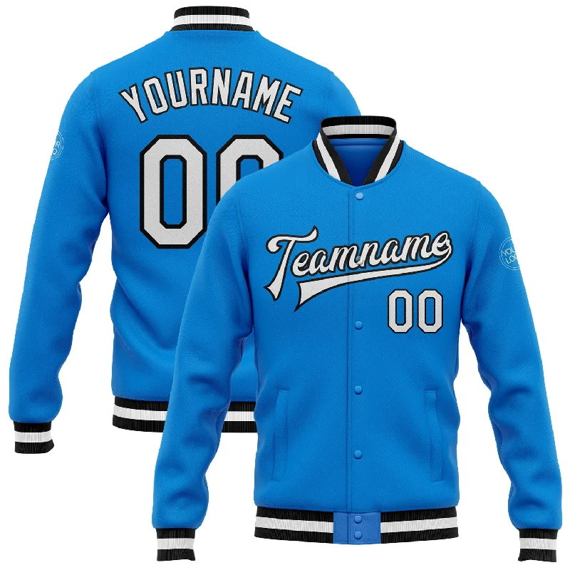 Classic And Timeless Unisex Style Limited Stock, Big Discounts Custom Powder Blue White-Black Bomber Full-Snap Varsity Letterman Jacket